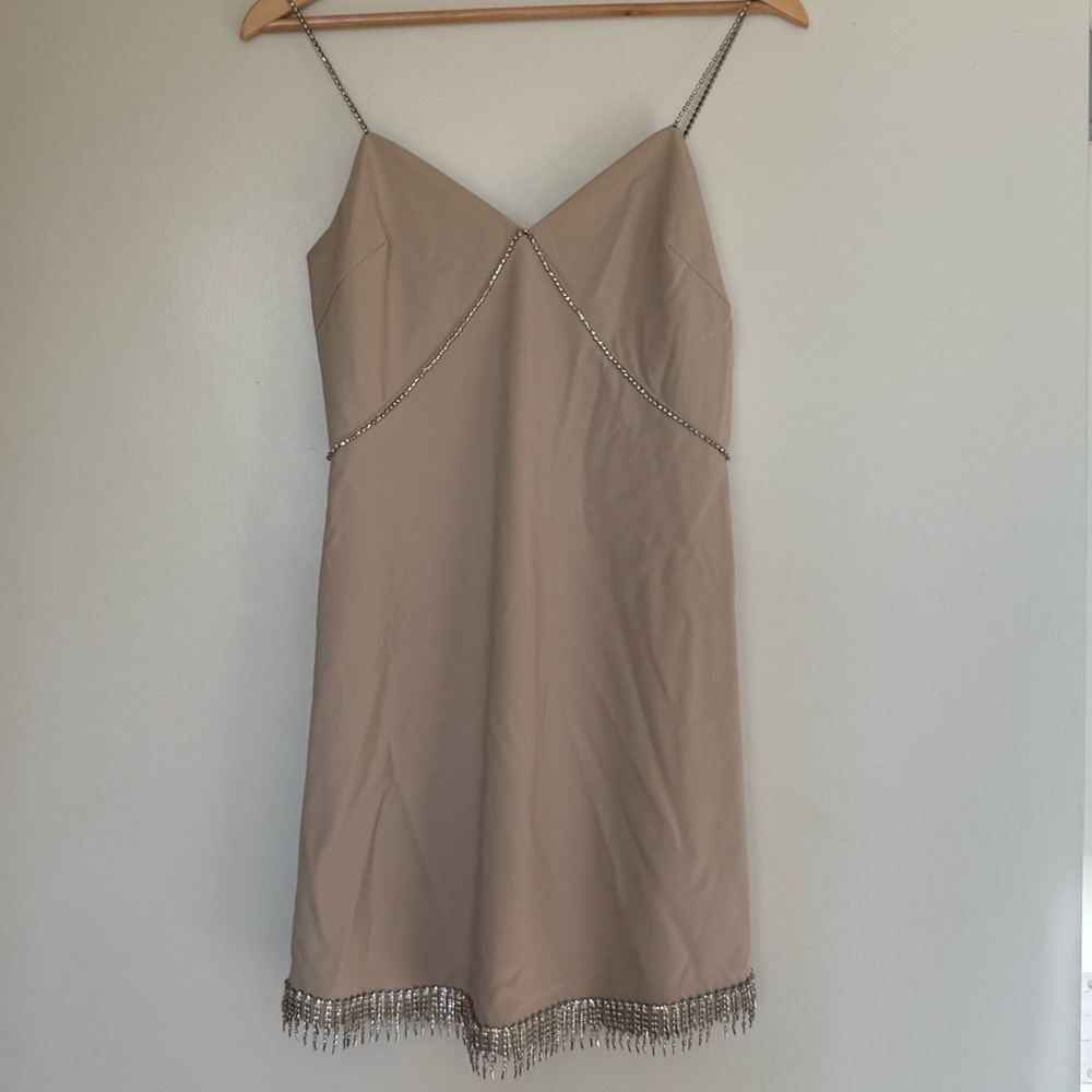 Heiress Beverly Hills Rhinestone Trim Mini Dress in Tan